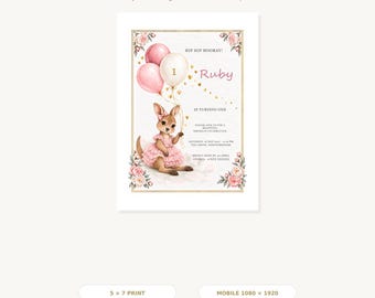 Roze kangoeroe uitnodiging voor de eerste verjaardag, bewerkbare Canva-sjabloon, 5x7 inch print- en mobielvriendelijk formaat inbegrepen.
