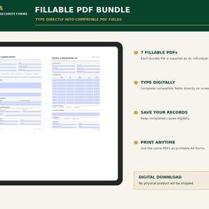 Op de afbeelding: Een digitaal pakket van 7 invulbare PDF-beveiligingsformulieren, inclusief een incidentrapport en alarmlogboek. Het document bevat tekstvelden voor digitale invoer met de koptekst PIRUSTA PROFESSIONAL SECURITY FORMS.