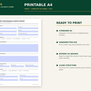 May include: A printable A4 security maintenance and defect report form with light blue input fields. The document includes sections for report details, defect issue type, description, immediate action taken, notification, and follow-up completion.