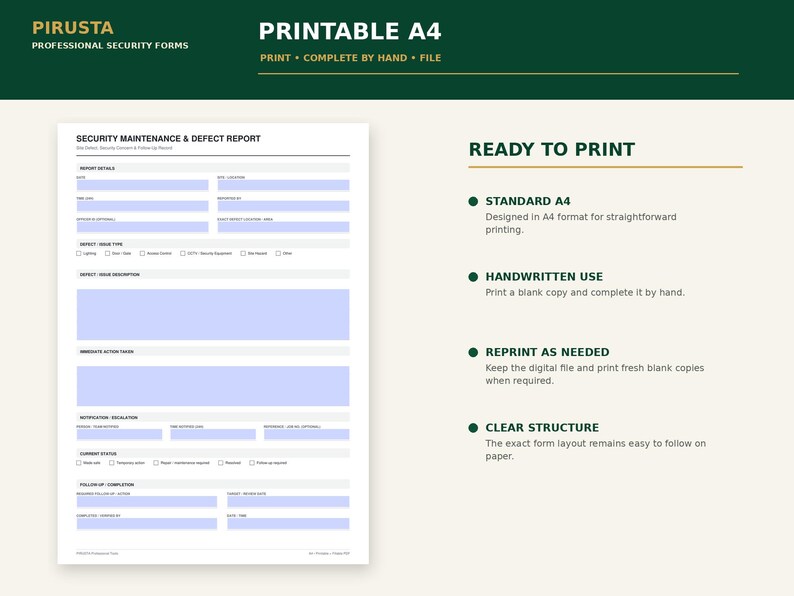 May include: A printable A4 security maintenance and defect report form with light blue input fields. The document includes sections for report details, defect issue type, description, immediate action taken, notification, and follow-up completion.