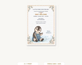 Bewerkbare uitnodiging voor een babyshower, Oscar Pinguïn Canva-sjabloon, printbaar 5x7 inch en mobiele digitale uitnodiging