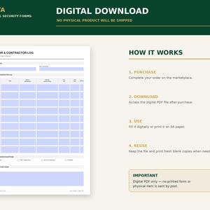 May include: A digital visitor and contractor log form template featuring a white background with light blue input fields. The document includes sections for site details, a visitor log table, access descriptions, and notes. Text includes 'VISITOR & CONTRACTOR LOG' and 'HOW IT WORKS'.