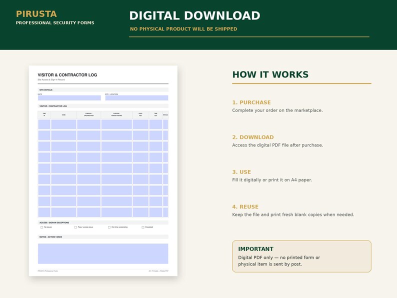 May include: A digital visitor and contractor log form template featuring a white background with light blue input fields. The document includes sections for site details, a visitor log table, access descriptions, and notes. Text includes 'VISITOR & CONTRACTOR LOG' and 'HOW IT WORKS'.