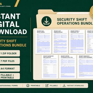 K&ouml;nnte beinhalten: Ein digitales Download-Paket mit Sicherheitsformularen f&uuml;r den Schichtbetrieb, bestehend aus sieben A4-PDF-Dateien in einem Zip-Ordner. Die Dokumente enthalten Vorlagen f&uuml;r t&auml;gliche Berichte, Schicht&uuml;bergaben, Patrouillenprotokolle und Anwesenheitslisten.