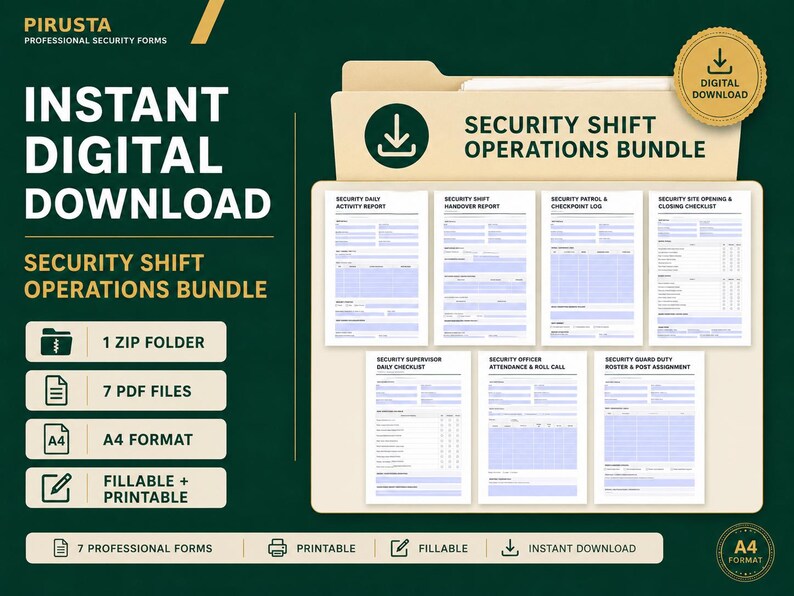 K&ouml;nnte beinhalten: Ein digitales Download-Paket mit Sicherheitsformularen f&uuml;r den Schichtbetrieb, bestehend aus sieben A4-PDF-Dateien in einem Zip-Ordner. Die Dokumente enthalten Vorlagen f&uuml;r t&auml;gliche Berichte, Schicht&uuml;bergaben, Patrouillenprotokolle und Anwesenheitslisten.