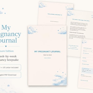 May include: A pregnancy journal titled My Pregnancy Journal Azure Edition featuring a light cream background with blue clouds and stars. The set includes a cover page, an introduction page, and a week-by-week tracking page with lines for notes.