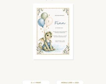 Uitnodiging voor een eerste verjaardag met een draak als thema, bewerkbare Canva-sjabloon, blauw fantasiefeest, 5x7 inch (printen en mobiel).