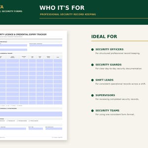 May include: A white security licence and credential expiry tracker form with light blue fillable fields. The document includes sections for site record details, a licence and credential tracker grid, upcoming renewals, and a review signature area.