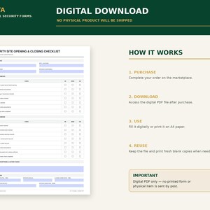 以下が含まれることがあります： セキュリティサイトの開閉チェックリストフォームのデジタルダウンロード。このドキュメントには、サイトの詳細、開閉時のチェック項目、アクションタスクのセクションが含まれており、チェックボックスが配置されています。使い方の説明も記載されています。