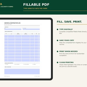 May include: A digital visitor and contractor log form displayed on a screen. The document features a grid for tracking entries, including date, time, and purpose. Text includes PIRUSTA PROFESSIONAL SECURITY FORMS, FILLABLE PDF, and FILL. SAVE. PRINT.