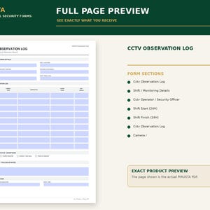 Pu&ograve; includere: Un modulo di registro di osservazione CCTV bianco con testo nero e campi di inserimento azzurri. Il documento include sezioni per i dettagli del monitoraggio del turno, una griglia per le osservazioni e aree per la firma di completamento.
