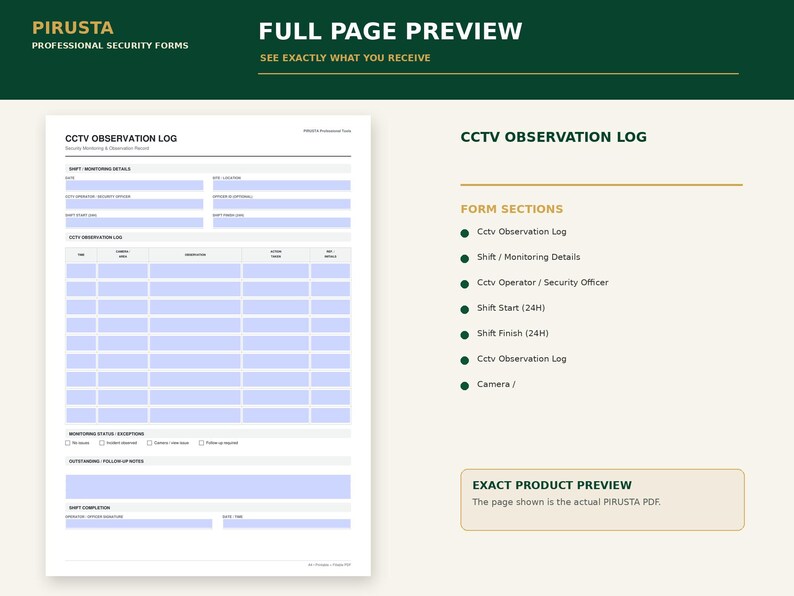 Pu&ograve; includere: Un modulo di registro di osservazione CCTV bianco con testo nero e campi di inserimento azzurri. Il documento include sezioni per i dettagli del monitoraggio del turno, una griglia per le osservazioni e aree per la firma di completamento.