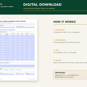 May include: A digital security licence and credential expiry tracker form with light blue input fields. The document includes sections for record details, a tracking table, upcoming renewals, record status checkboxes, and a review signature area.