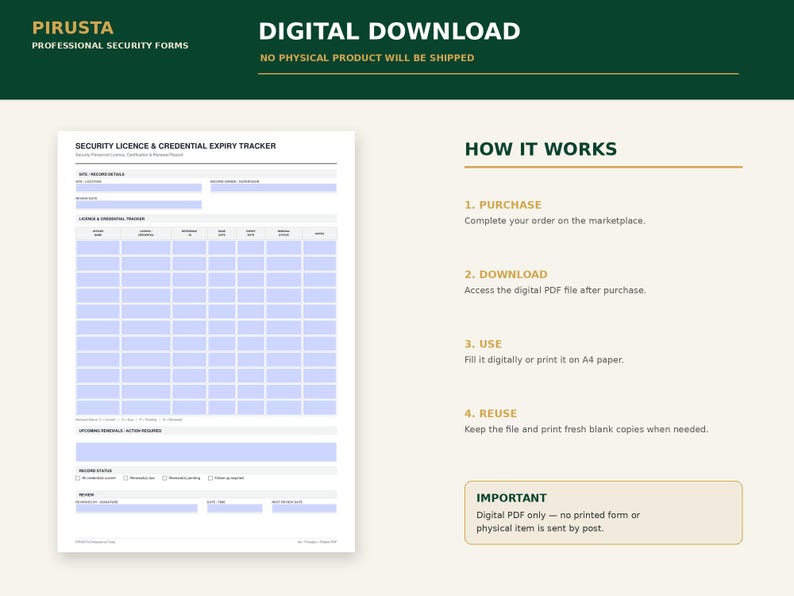 May include: A digital security licence and credential expiry tracker form with light blue input fields. The document includes sections for record details, a tracking table, upcoming renewals, record status checkboxes, and a review signature area.