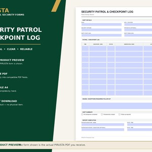 Può includere: Un modulo bianco di registro pattuglia e punto di controllo di sicurezza con campi compilabili azzurri. Il documento include sezioni per i dettagli del turno, una tabella di registro pattuglia, problemi, riepiloghi e firme.