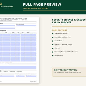 May include: A white security licence and credential expiry tracker form with light blue input fields. The document includes sections for site details, a tracking grid, upcoming renewals, record status checkboxes, and review information.
