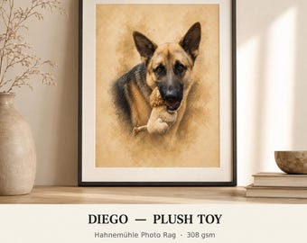German Shepherd with Plush Toy, Watercolor Fine Art Print, Dog Lover Gift