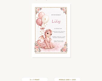 Uitnodiging voor een eerste verjaardag met een draak als thema, bewerkbare Canva-sjabloon, roze fantasiefeest, 5x7 inch (printen en mobiel).