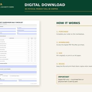 May include: A digital security supervisor daily checklist form featuring sections for inspection details, daily inspection tasks, corrective actions, and inspection results. The document includes instructions on how to purchase, download, use, and reuse the file.