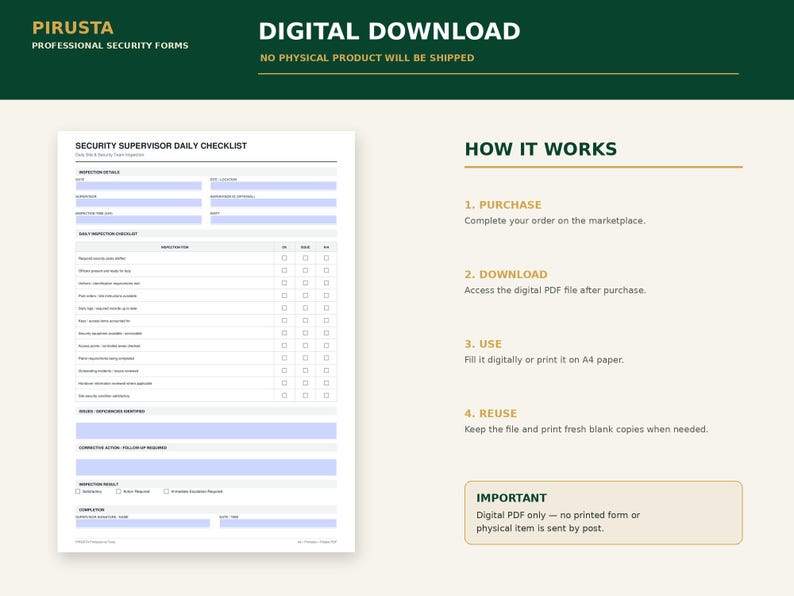 May include: A digital security supervisor daily checklist form featuring sections for inspection details, daily inspection tasks, corrective actions, and inspection results. The document includes instructions on how to purchase, download, use, and reuse the file.