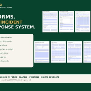 Op de afbeelding: Een set van zeven professionele beveiligingsformulieren voor incidentrespons, inclusief documentatie, oefenverslagen, vervolgacties, bewijsketen, CCTV-observaties, alarmreacties en getuigenverklaringen, beschikbaar als digitale download.