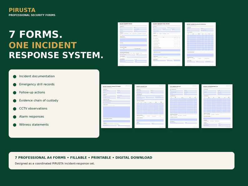 Op de afbeelding: Een set van zeven professionele beveiligingsformulieren voor incidentrespons, inclusief documentatie, oefenverslagen, vervolgacties, bewijsketen, CCTV-observaties, alarmreacties en getuigenverklaringen, beschikbaar als digitale download.
