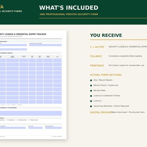 May include: A digital A4 security licence and credential expiry tracker form by Pirusta. The document features sections for site record details, a grid for licence tracking, and an upcoming renewals section with light blue fillable fields.