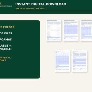 May include: A digital download set containing five A4 fillable and printable security forms in a ZIP folder. The text includes PIRUSTA PROFESSIONAL SECURITY FORMS, INSTANT DIGITAL DOWNLOAD, ONE ZIP 5 INDIVIDUAL PDF FILES, and NO PHYSICAL PRODUCT.