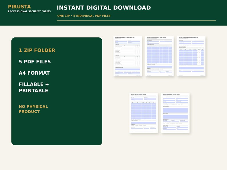 May include: A digital download set containing five A4 fillable and printable security forms in a ZIP folder. The text includes PIRUSTA PROFESSIONAL SECURITY FORMS, INSTANT DIGITAL DOWNLOAD, ONE ZIP 5 INDIVIDUAL PDF FILES, and NO PHYSICAL PRODUCT.