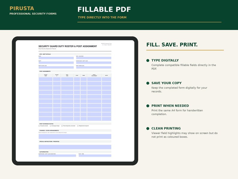 Puede incluir: Un formulario digital de lista de servicio y asignaci&oacute;n de puestos para guardias de seguridad en una pantalla de tableta. El documento presenta campos rellenables en azul claro para detalles de turno, asignaciones y notas especiales.