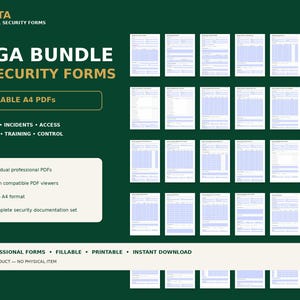 Könnte beinhalten: Ein digitales Paket mit 25 professionellen Sicherheitsformularen im A4-PDF-Format. Die dunkelgrüne Grafik zeigt den Text PIRUSTA PROFESSIONAL SECURITY FORMS, MEGA BUNDLE 25 SECURITY FORMS, 25 FILLABLE A4 PDFS sowie Angaben zu Betrieb und Vorfällen.