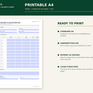 Peut inclure: Un formulaire de journal de livraison et de collecte de portail au format A4 imprimable avec un fond blanc et des champs de saisie bleu clair. Le document comprend des sections pour les d&eacute;tails du site, les journaux et les signatures.