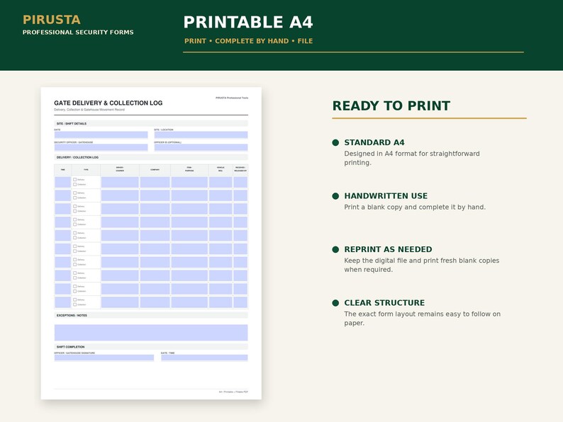 Peut inclure: Un formulaire de journal de livraison et de collecte de portail au format A4 imprimable avec un fond blanc et des champs de saisie bleu clair. Le document comprend des sections pour les d&eacute;tails du site, les journaux et les signatures.