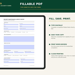 May include: A digital security maintenance and defect report form displayed on a tablet screen. The document features fillable fields in light blue, with text headers including PIRUSTA, FILLABLE PDF, and instructions to type, save, and print.