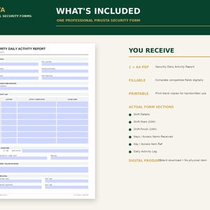 May include: A digital Security Daily Activity Report form featuring sections for shift details, keys, and a daily activity log. The document includes fillable fields and is formatted for A4 size printing, with clear headings and structured input areas.
