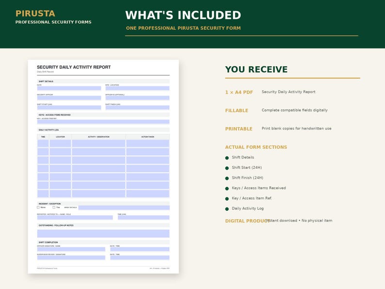 May include: A digital Security Daily Activity Report form featuring sections for shift details, keys, and a daily activity log. The document includes fillable fields and is formatted for A4 size printing, with clear headings and structured input areas.