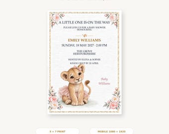 Bewerkbare uitnodiging voor een babyshower, Mia Lioness Canva-sjabloon, printbaar (5x7 inch) en digitaal voor mobiel.
