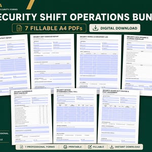 Könnte beinhalten: Ein digitales Bündel aus sieben ausfüllbaren A4-Sicherheitsformularen, darunter tägliche Aktivitätsberichte, Schichtübergabeprotokolle, Patrouillenprotokolle, Standort-Checklisten, Vorgesetzten-Checklisten, Anwesenheitslisten und Dienstpläne auf weißem Grund.