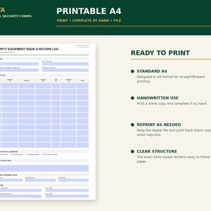 Puede incluir: Un formulario imprimible A4 de registro de emisi&oacute;n y devoluci&oacute;n de equipo de seguridad con una cuadr&iacute;cula para rastrear equipo, fecha, ubicaci&oacute;n y estado. El documento incluye secciones para detalles del sitio, registros de equipo y firmas.