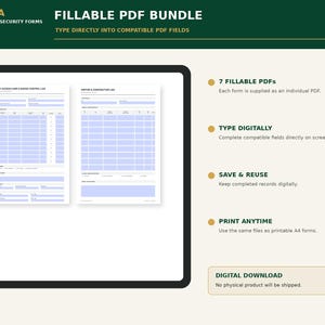 Puede incluir: Un paquete digital de siete formularios de seguridad PDF rellenables con campos de entrada azul claro en p&aacute;ginas blancas. El texto incluye PIRUSTA PROFESSIONAL SECURITY FORMS, FILLABLE PDF BUNDLE, TYPE DIRECTLY INTO COMPATIBLE PDF FIELDS.
