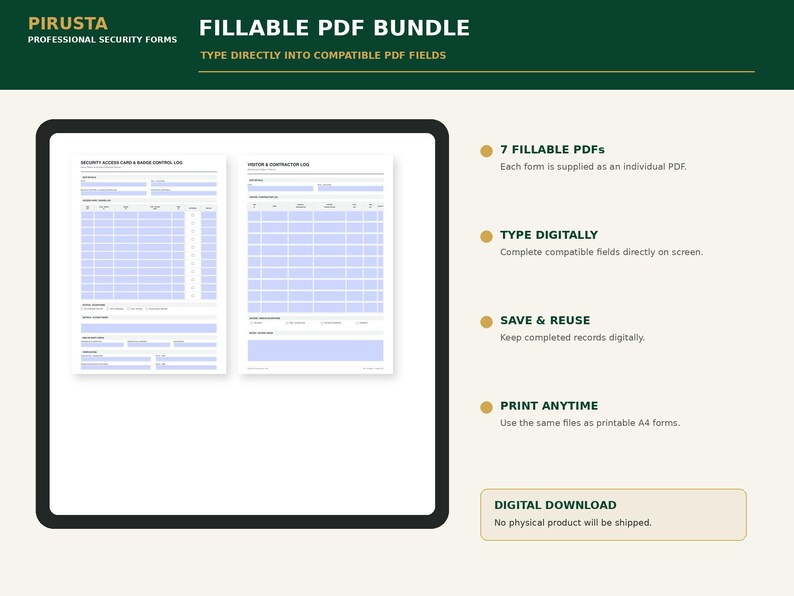 Puede incluir: Un paquete digital de siete formularios de seguridad PDF rellenables con campos de entrada azul claro en p&aacute;ginas blancas. El texto incluye PIRUSTA PROFESSIONAL SECURITY FORMS, FILLABLE PDF BUNDLE, TYPE DIRECTLY INTO COMPATIBLE PDF FIELDS.