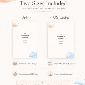May include: Two digital pregnancy journal templates in A4 and US Letter sizes. Each white cover features the text 'MY PREGNANCY JOURNAL', 'Week by Week', and 'Cloud Edition', decorated with small peach-colored clouds and stars at the top and blue clouds at the bottom.