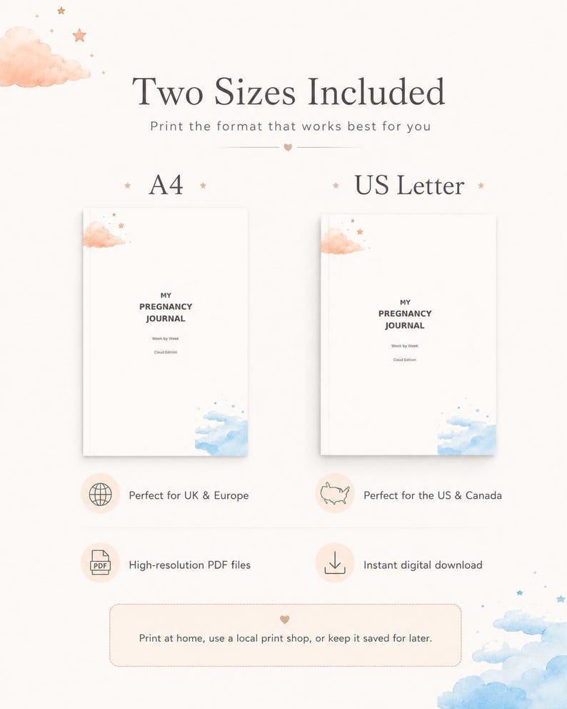 May include: Two digital pregnancy journal templates in A4 and US Letter sizes. Each white cover features the text 'MY PREGNANCY JOURNAL', 'Week by Week', and 'Cloud Edition', decorated with small peach-colored clouds and stars at the top and blue clouds at the bottom.