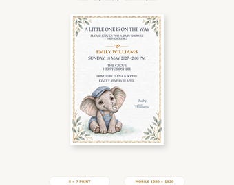 Bewerkbare uitnodiging voor een babyshower met Noah-olifant, Canva-sjabloon (5x7 inch afdruk)