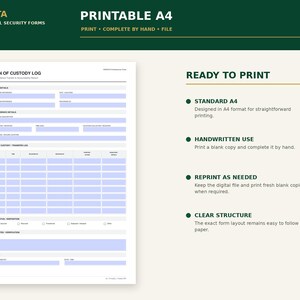 May include: A printable A4 chain of custody log form with a professional layout. The document features sections for record details, item evidence, transfer logs, final status, and closure. The text is black on a white background with light blue fields.