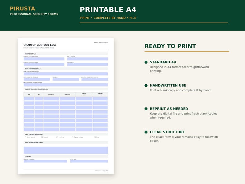 May include: A printable A4 chain of custody log form with a professional layout. The document features sections for record details, item evidence, transfer logs, final status, and closure. The text is black on a white background with light blue fields.