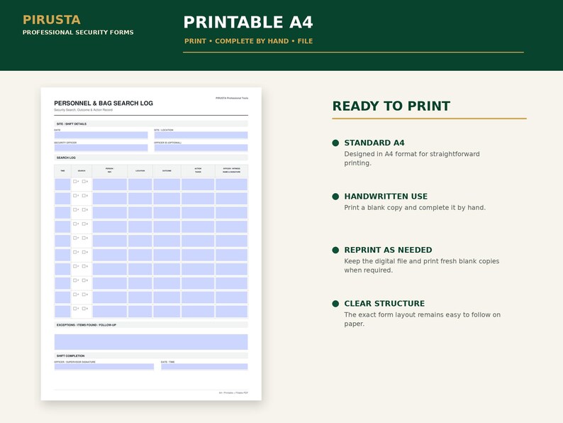 May include: A printable A4 Personnel & Bag Search Log form with a white background and light blue fillable fields. The document includes sections for shift details, a search log table, exceptions, and shift completion signatures in black text.