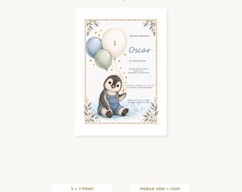 Uitnodiging voor de eerste verjaardag met pinguïnthema, bewerkbare Canva-sjabloon, 5x7 inch (printbaar en geschikt voor mobiel).