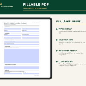 K&ouml;nnte beinhalten: Ein ausf&uuml;llbares PDF-Formular f&uuml;r eine Zeugenaussage bei Sicherheitsvorf&auml;llen auf einem Bildschirm. Das Dokument enth&auml;lt hellblaue Eingabefelder f&uuml;r Vorfalldetails und Zeugenaussagen. Textanweisungen umfassen Ausf&uuml;llen, Speichern und Drucken.