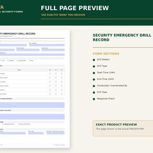 Peut inclure: Un formulaire blanc de registre d'exercices d'urgence de s&eacute;curit&eacute; avec du texte noir et des champs remplissables bleu clair. Le document comprend des sections pour les d&eacute;tails de l'exercice, les v&eacute;rifications, les probl&egrave;mes et signatures.